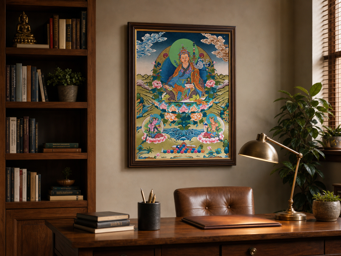 AURESTAR Padmasambhava thangka displayed in a warm home office.