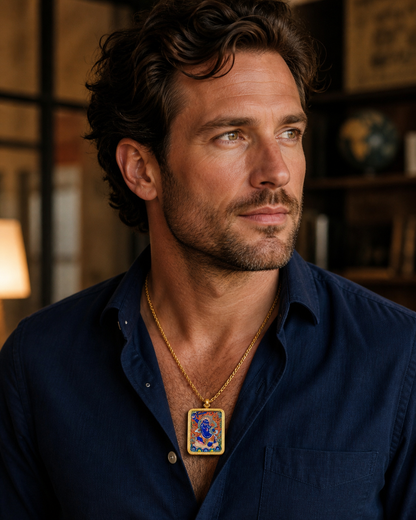 Man wearing an AURESTAR Acalanatha thangka pendant with a blue shirt.
