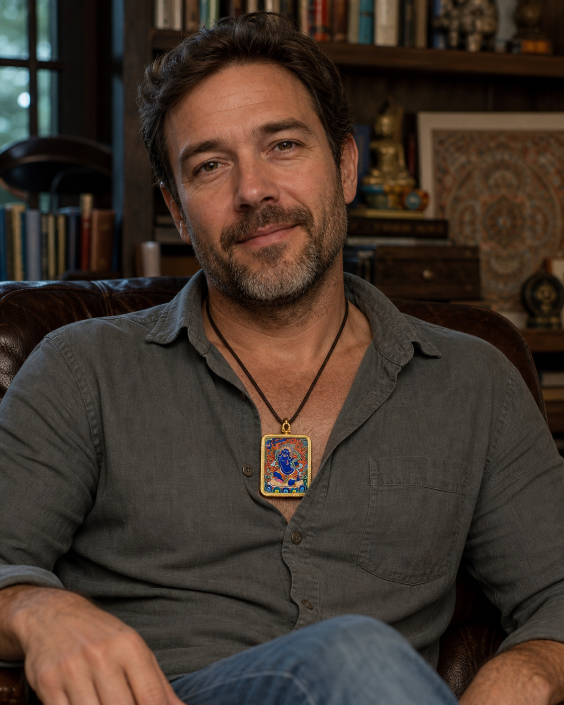 Man wearing an AURESTAR Acalanatha thangka pendant in a casual home setting.