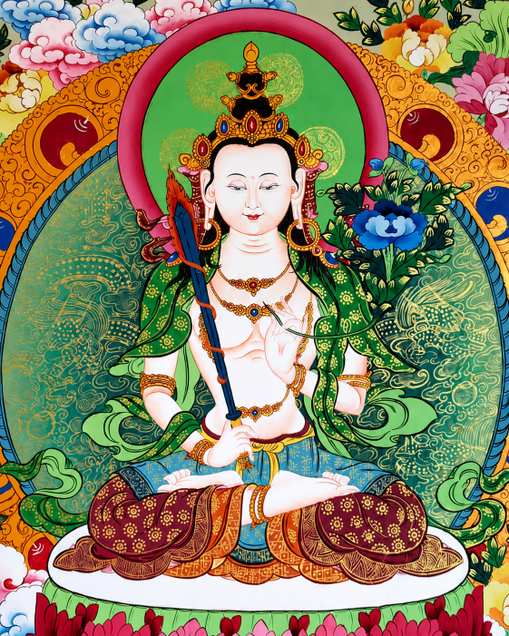 Close-up of the central Bodhisattva figure in an AURESTAR thangka painting.