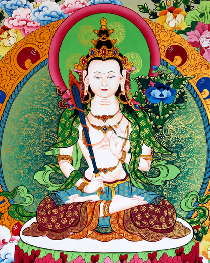 Close-up of the central Bodhisattva figure in an AURESTAR thangka painting.