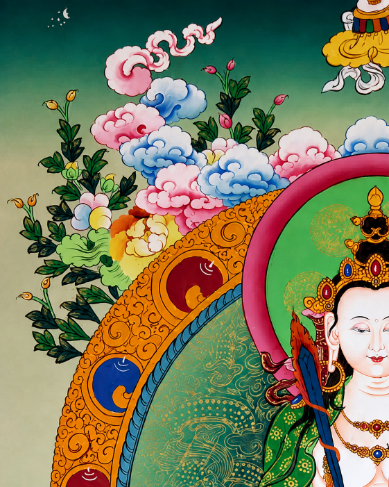 Close-up of clouds and floral details in an AURESTAR Akashagarbha thangka.