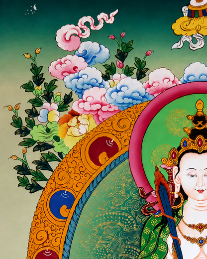Close-up of clouds and floral details in an AURESTAR Akashagarbha thangka.