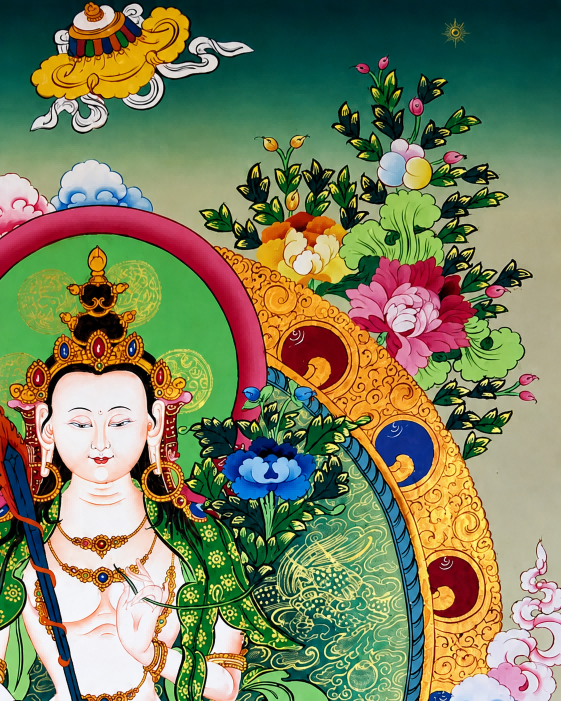 AURESTAR Akashagarbha thangka detail with flowers, clouds, and halo patterns.