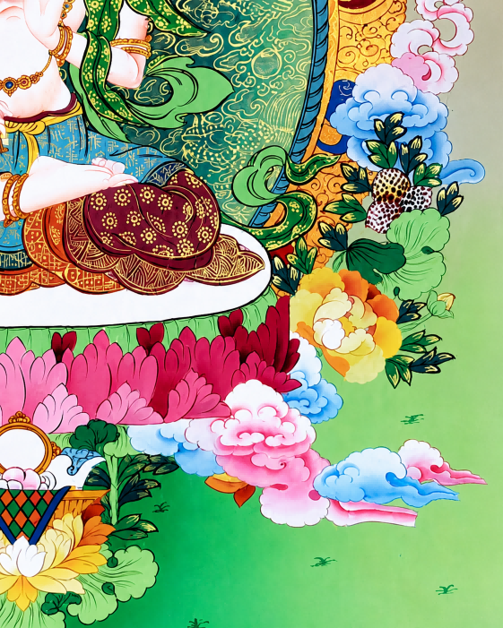 Floral and cloud details near the lower edge of an AURESTAR thangka.