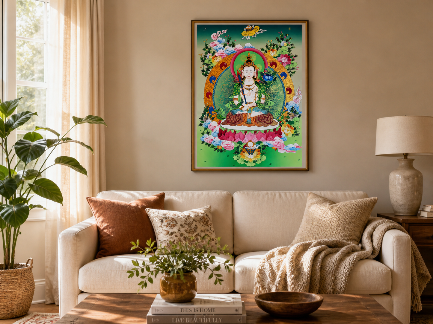 AURESTAR Akashagarbha thangka wall art displayed in a living room.