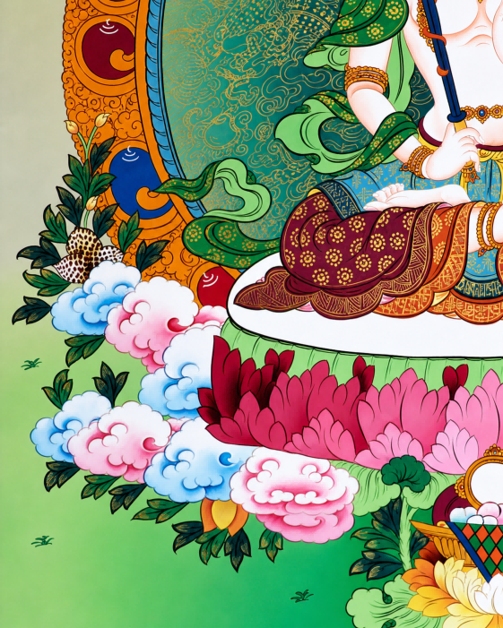 Lower lotus and cloud details in an AURESTAR Akashagarbha thangka painting.