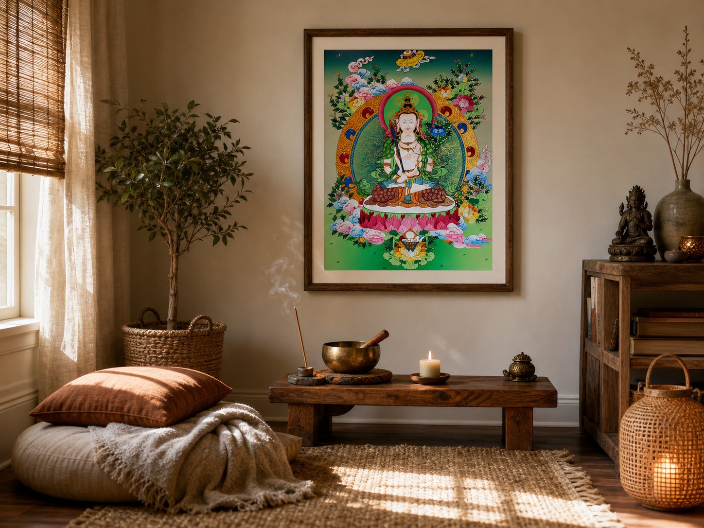 AURESTAR Akashagarbha thangka displayed in a warm meditation corner.