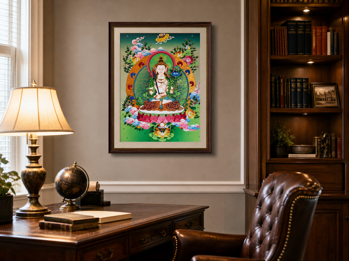 AURESTAR Akashagarbha thangka wall art displayed in a study room.