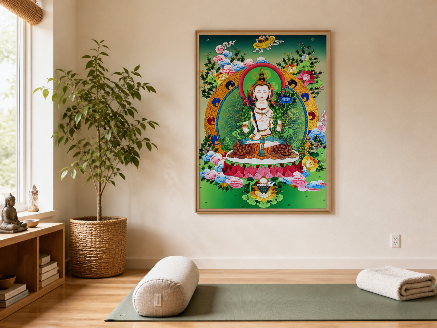 AURESTAR Akashagarbha thangka wall art displayed in a yoga room.