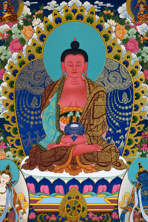 Close-up of Amitabha Buddha in a detailed Tibetan thangka painting.