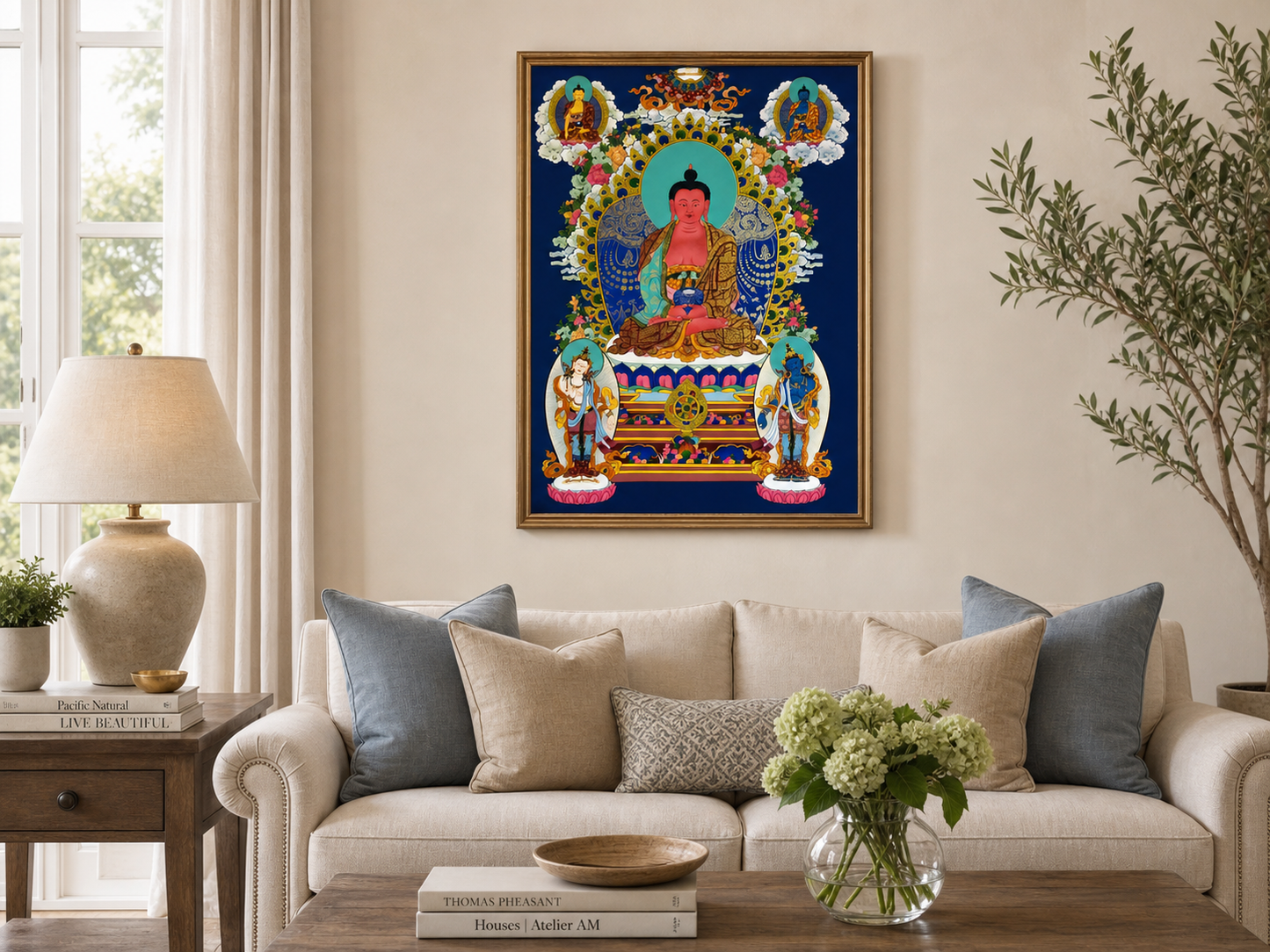 Amitabha Buddha thangka wall art displayed above a living room sofa.