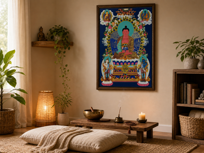 AURESTAR Amitabha Buddha thangka displayed in a quiet meditation corner.