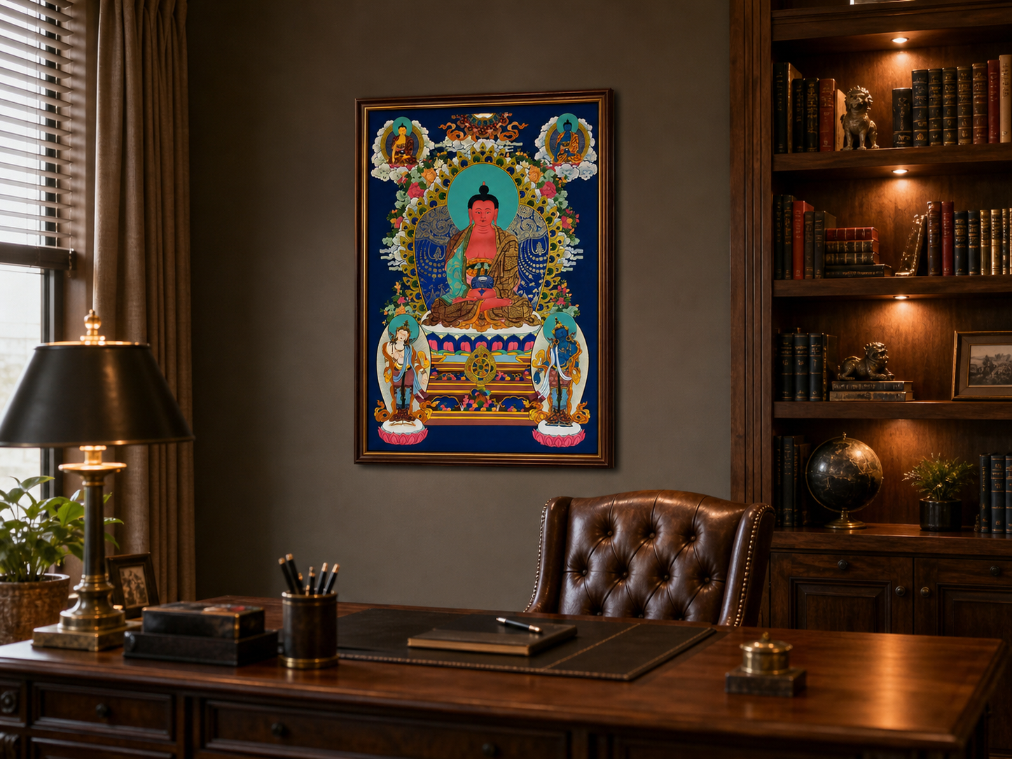 AURESTAR Amitabha Buddha thangka displayed in a dark home office.