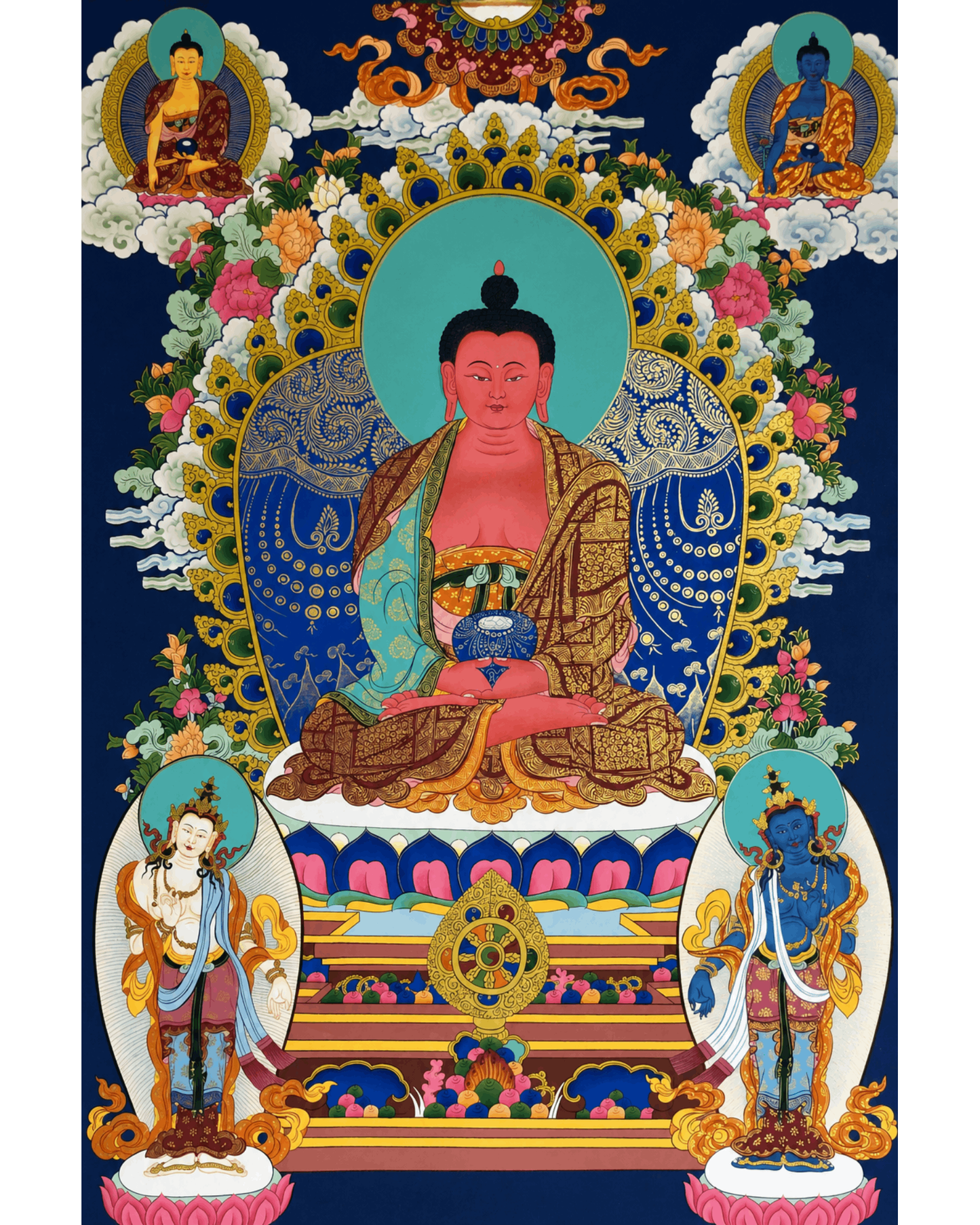 Full front view of an Amitabha Buddha Tibetan thangka painting.