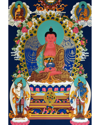 Full front view of an Amitabha Buddha Tibetan thangka painting.