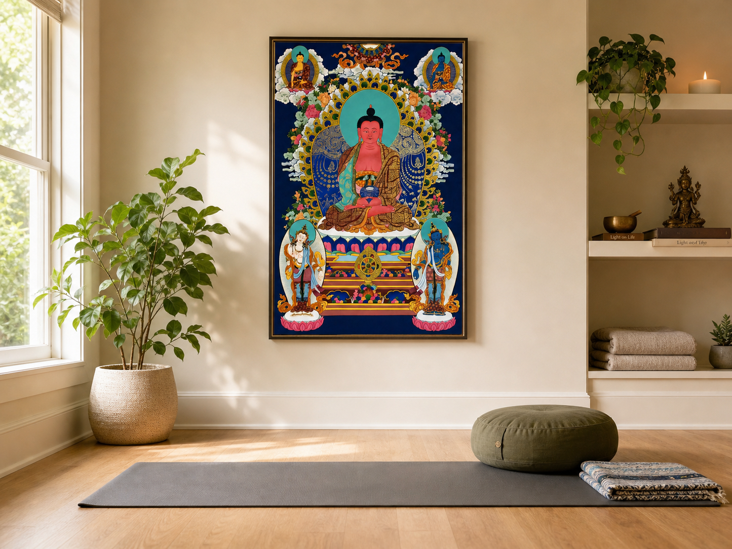 Amitabha Buddha thangka wall art displayed in a calm yoga room.