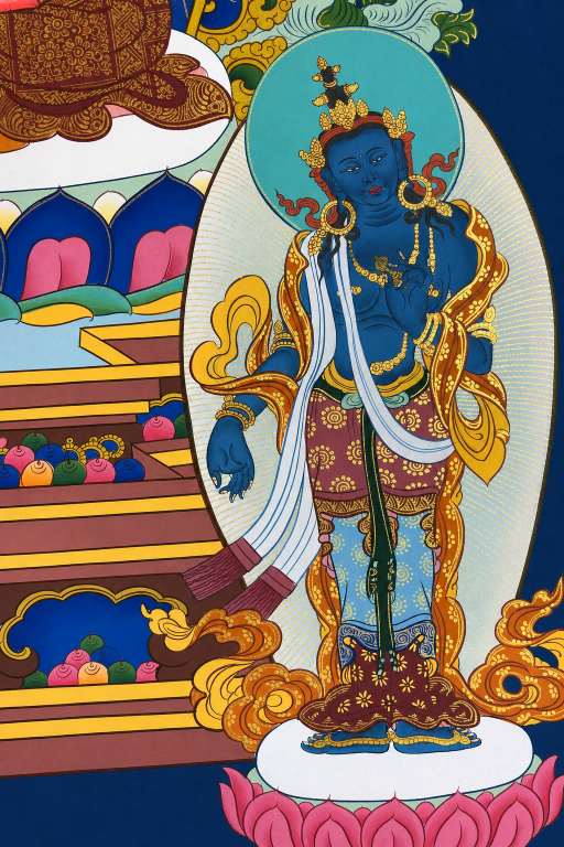 Blue bodhisattva detail from the Amitabha Buddha thangka artwork.