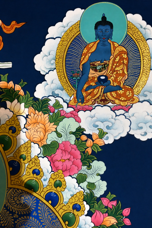 Blue Buddha figure detail with clouds in the Amitabha thangka.