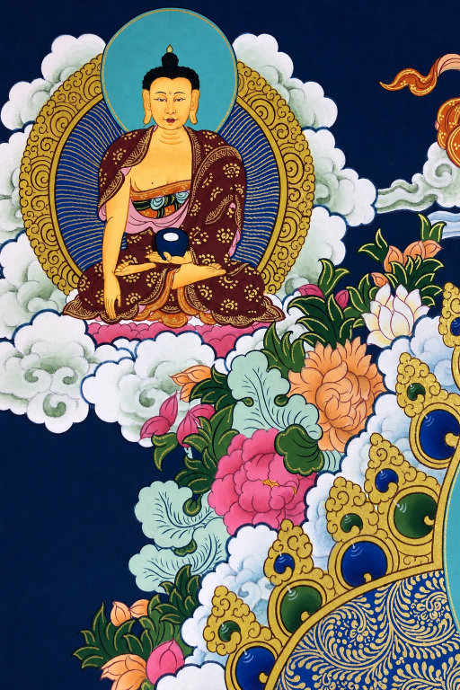 Buddha figure detail with clouds and floral patterns in the thangka.