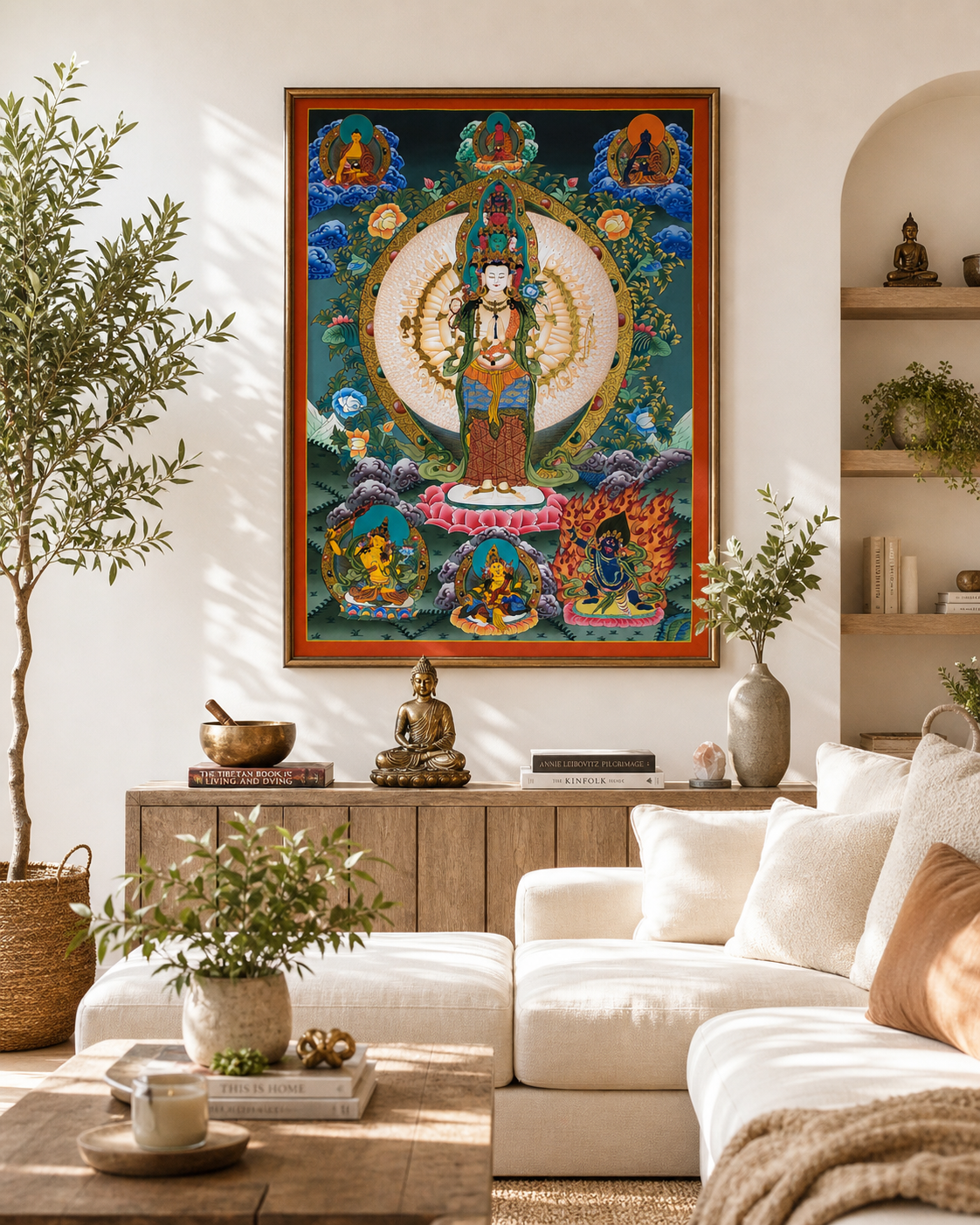 AURESTAR Avalokiteshvara thangka displayed above a bright living room sofa.