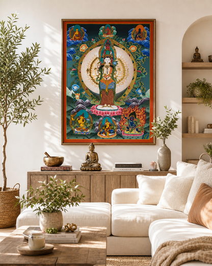 AURESTAR Avalokiteshvara thangka displayed above a bright living room sofa.