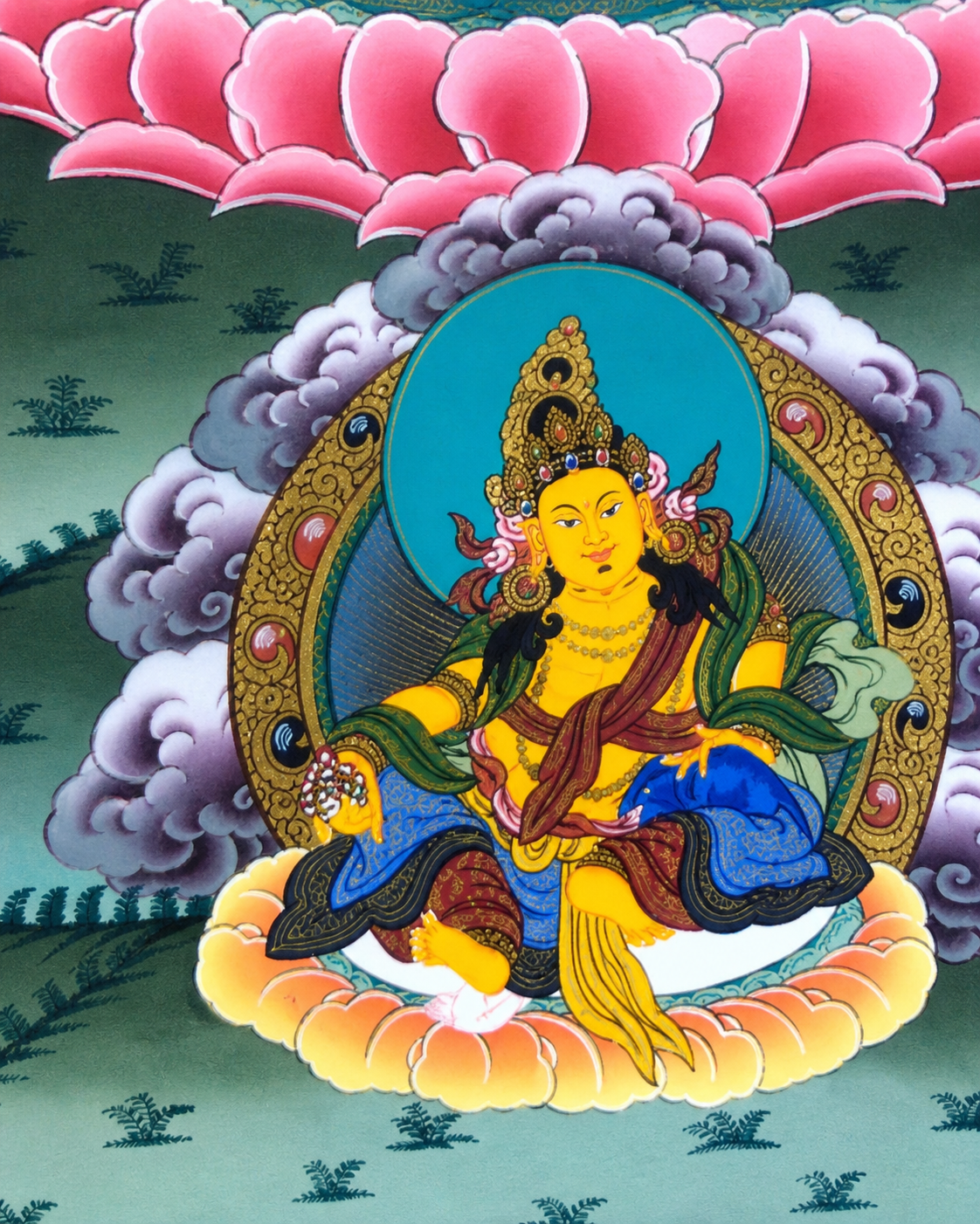 Lower-center Buddhist deity detail from the Avalokiteshvara thangka artwork.