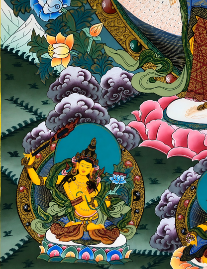 Lower-left Buddhist deity detail with lotus and cloud patterns.
