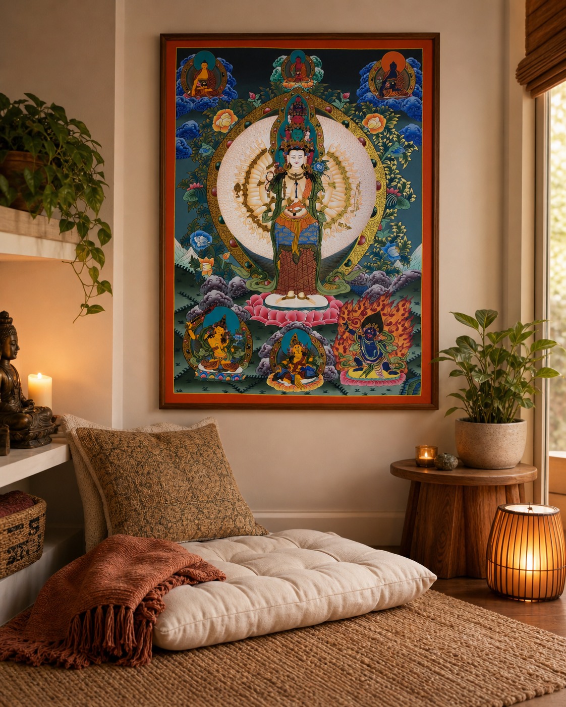 Avalokiteshvara thangka displayed in a quiet meditation corner setting.