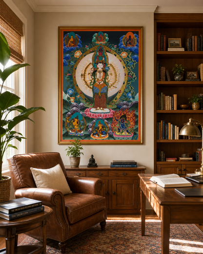 Avalokiteshvara thangka wall art displayed in a warm home study.
