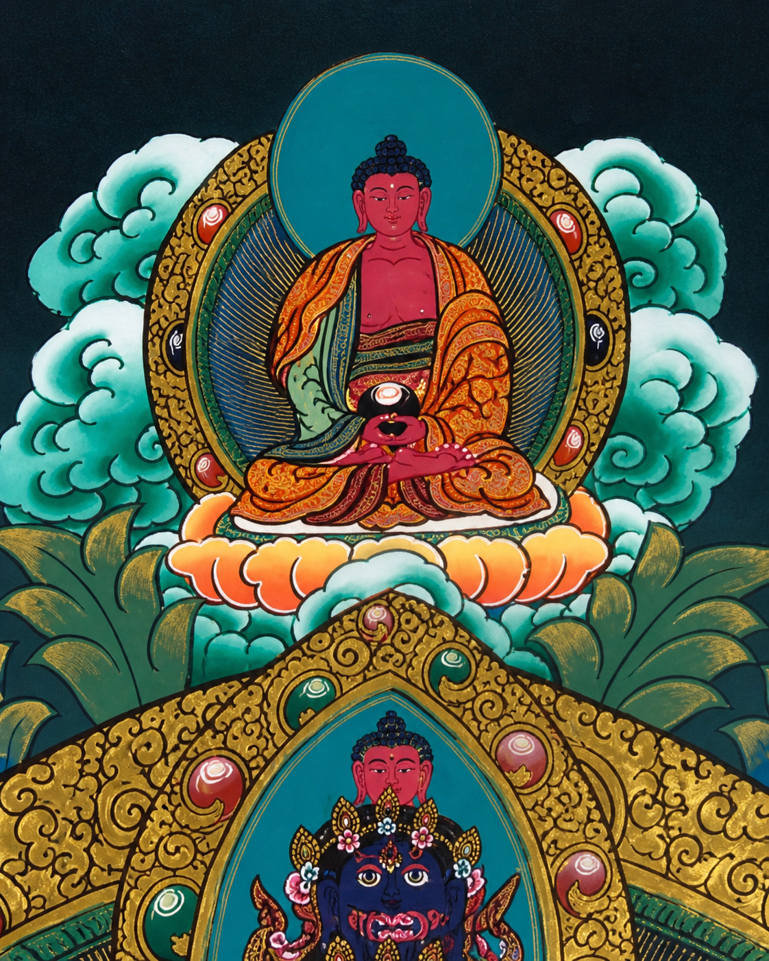 Top-center Buddhist figure detail in the Avalokiteshvara thangka artwork.