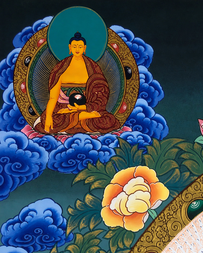 Top-left Buddhist figure detail with blue clouds and floral patterns.