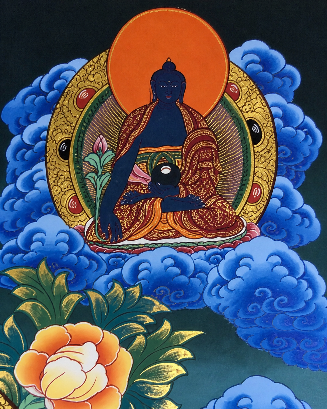 Top-right blue Buddhist figure detail in the Avalokiteshvara thangka.
