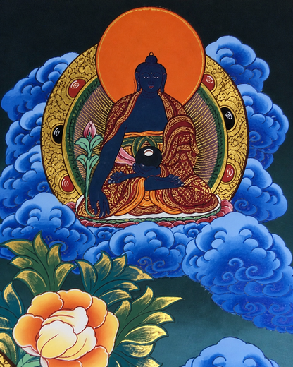 Top-right blue Buddhist figure detail in the Avalokiteshvara thangka.