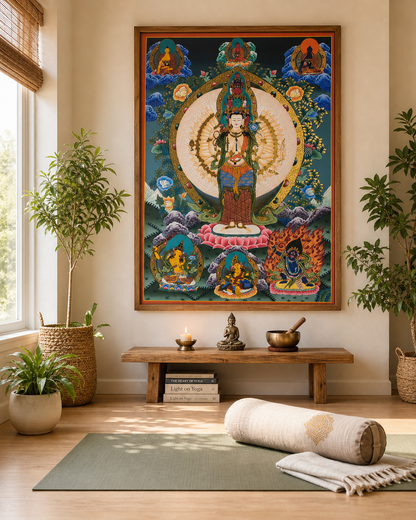 AURESTAR Avalokiteshvara thangka displayed in a calm yoga room.