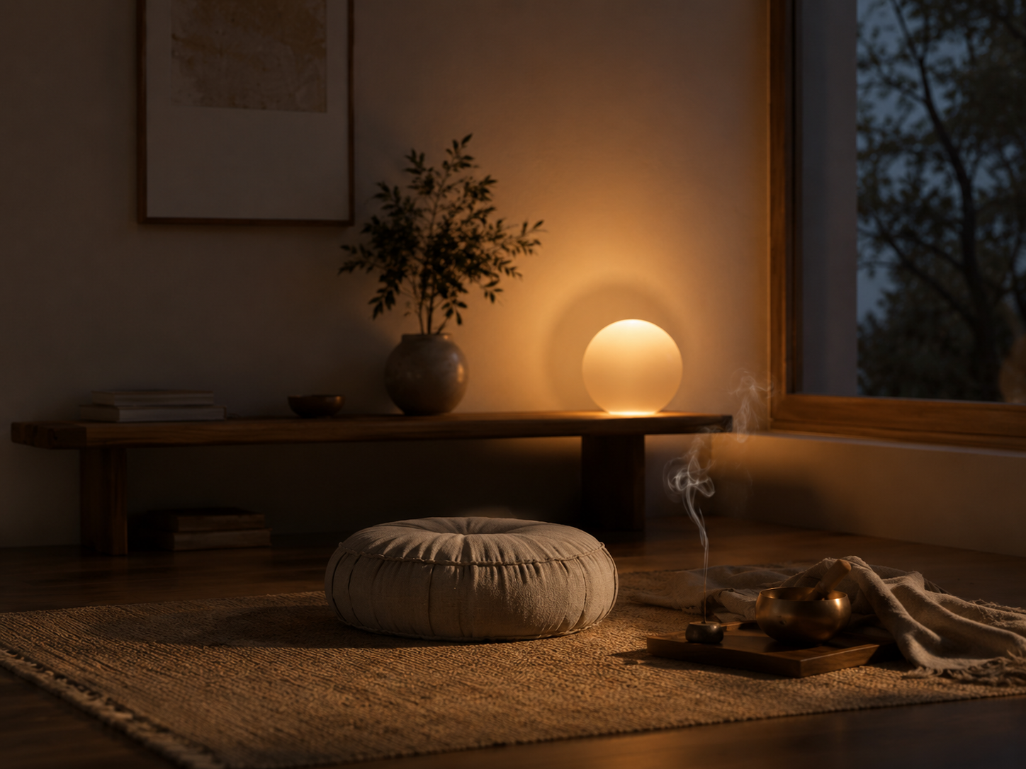 Warm meditation room with soft breathing light, cushion, incense, and natural textures for a mindful home space