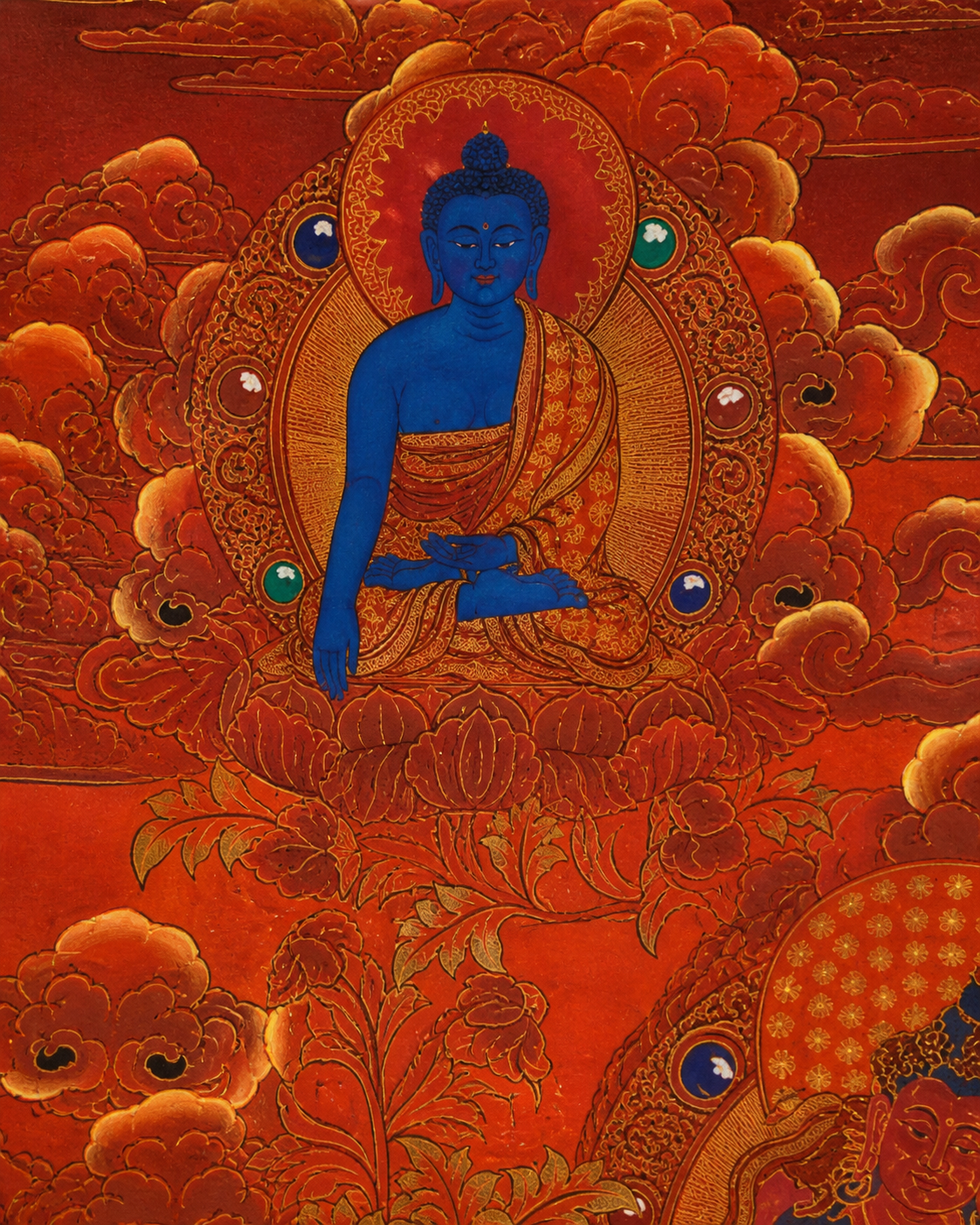 Blue Buddha detail with red clouds in the AURESTAR Chenrezig thangka.