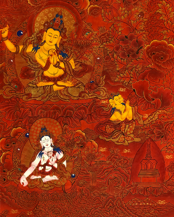 Lower-left Buddhist figure details from the Chenrezig thangka painting.