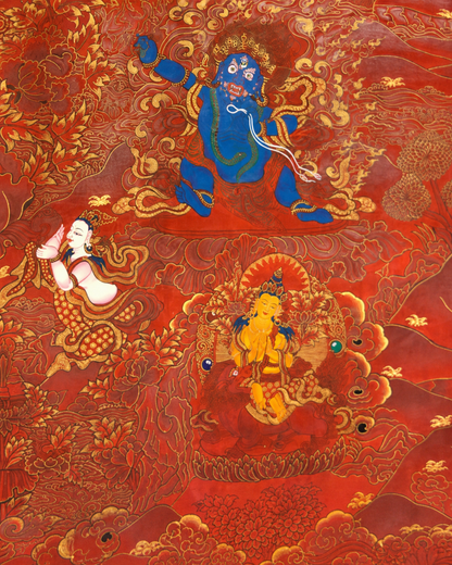 Lower-right Buddhist deity details with red clouds and gold patterns.