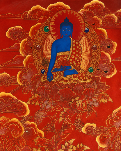 Blue Buddha figure detail with red clouds and gold patterns.