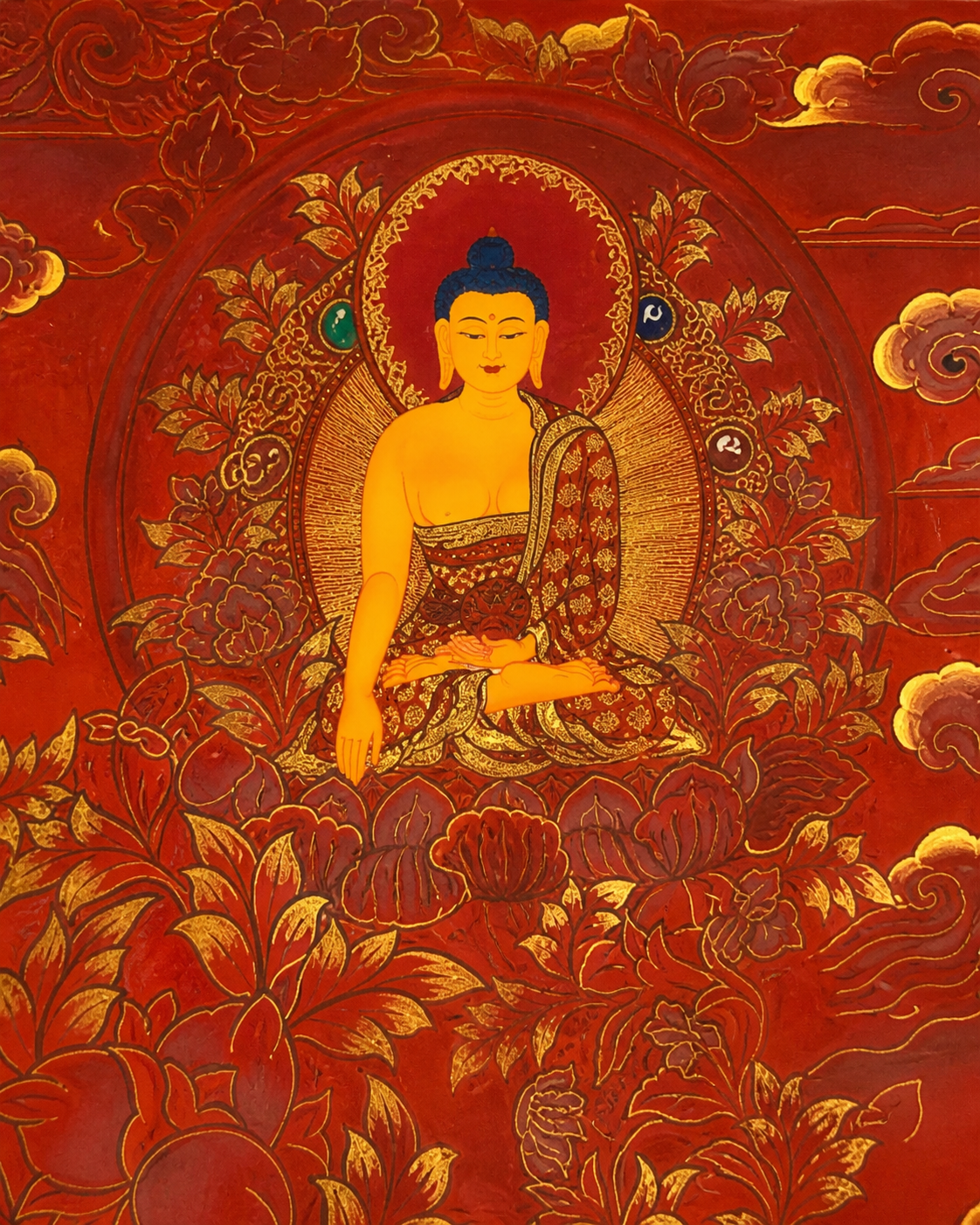 Yellow Buddha figure detail in the Four-Armed Chenrezig thangka.