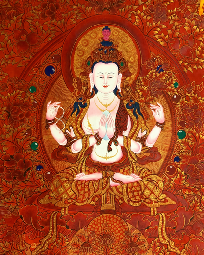 Close-up of Four-Armed Chenrezig in a detailed Tibetan thangka painting.
