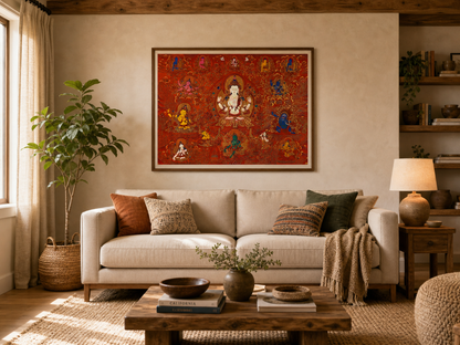 Four-Armed Chenrezig thangka wall art displayed above a living room sofa.