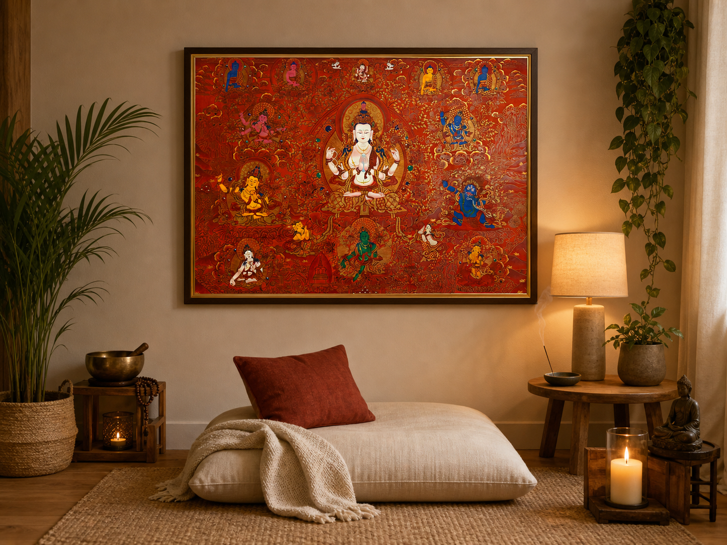 Four-Armed Chenrezig thangka displayed in a quiet meditation corner.