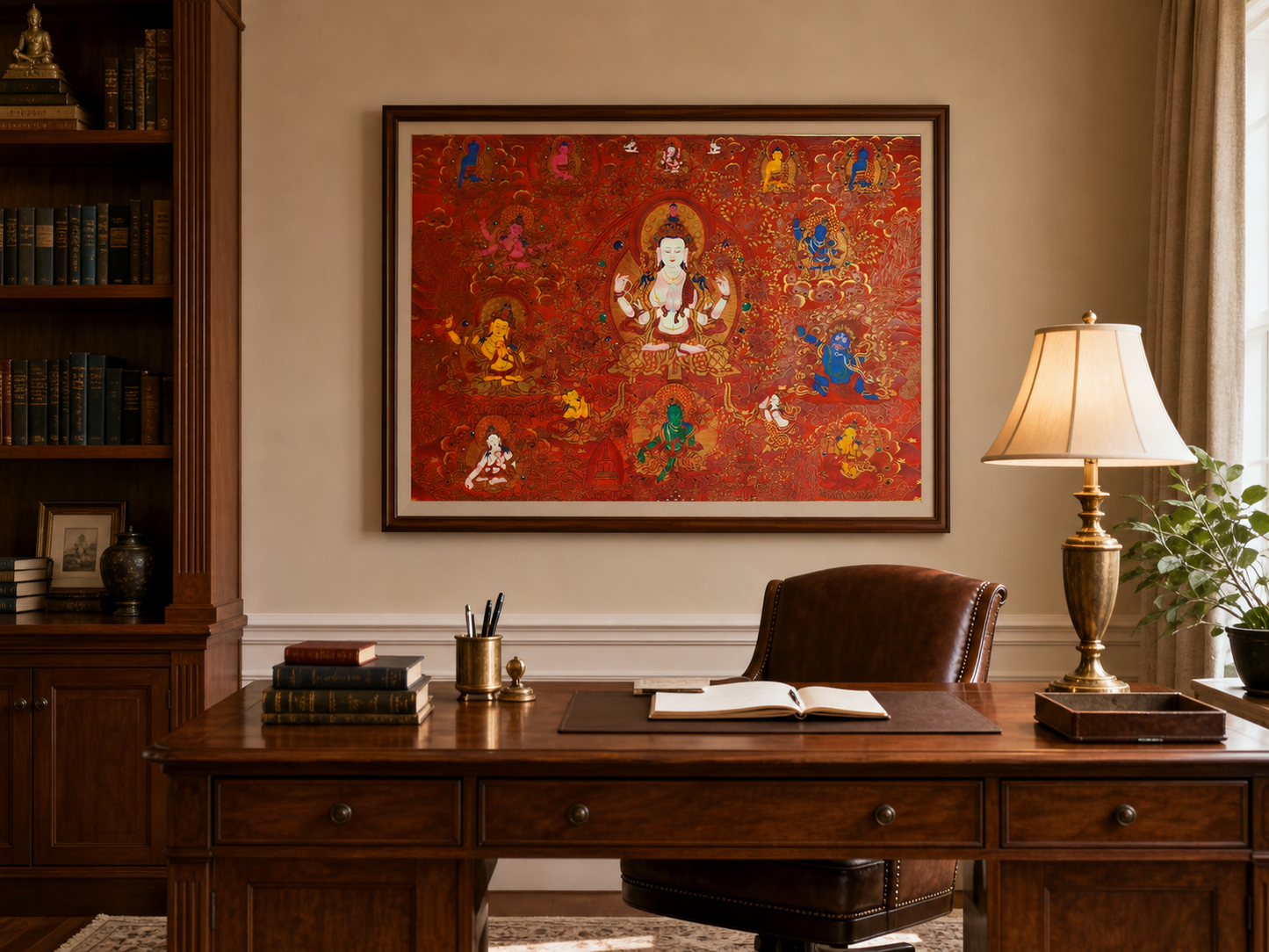 AURESTAR Four-Armed Chenrezig thangka displayed in a warm home study.