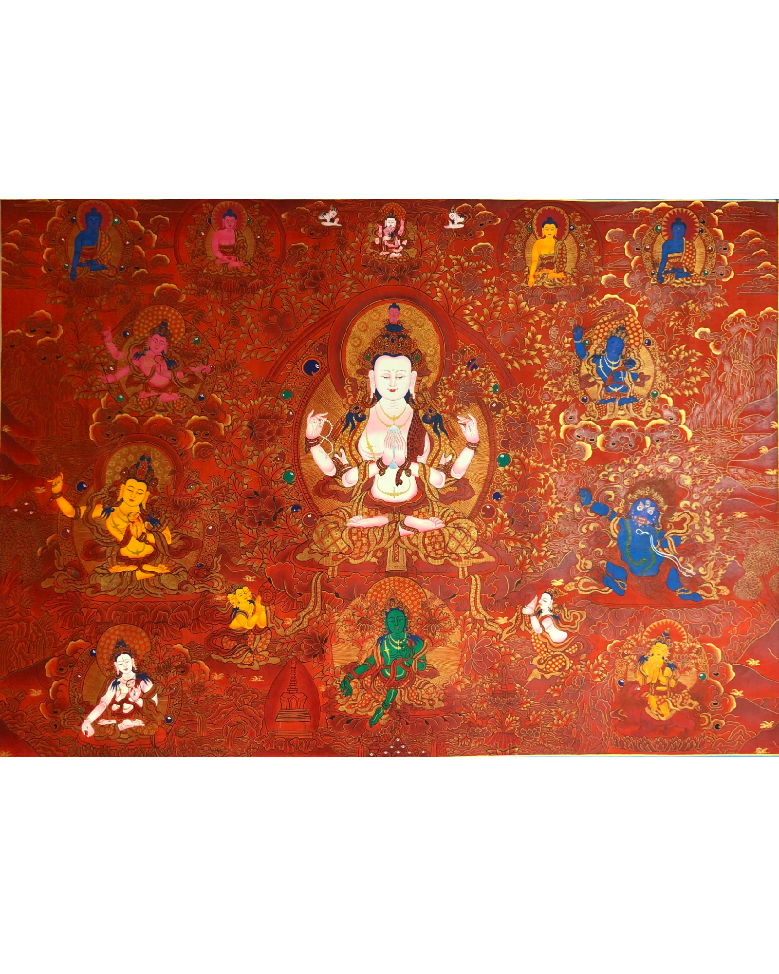 Full front view of an AURESTAR Four-Armed Chenrezig thangka painting.