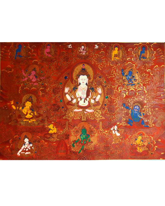 Full front view of an AURESTAR Four-Armed Chenrezig thangka painting.