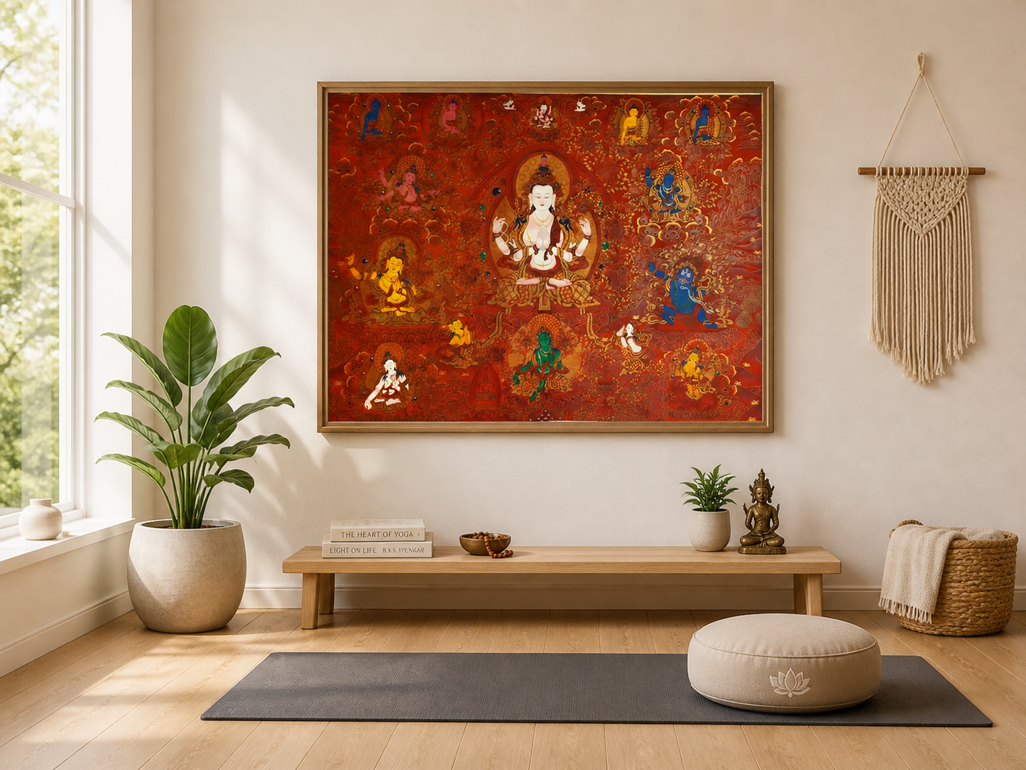 Four-Armed Chenrezig thangka displayed in a calm yoga room setting.