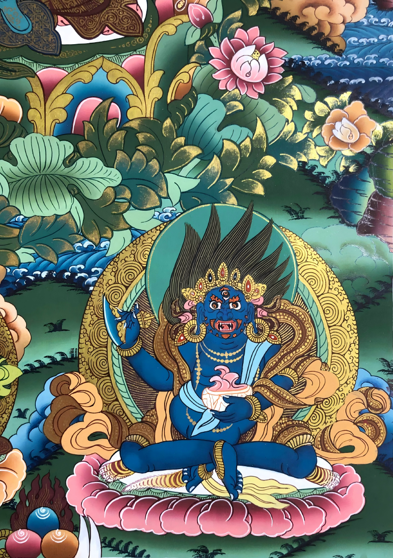 Blue Buddhist deity detail in the AURESTAR Green Tara thangka artwork.