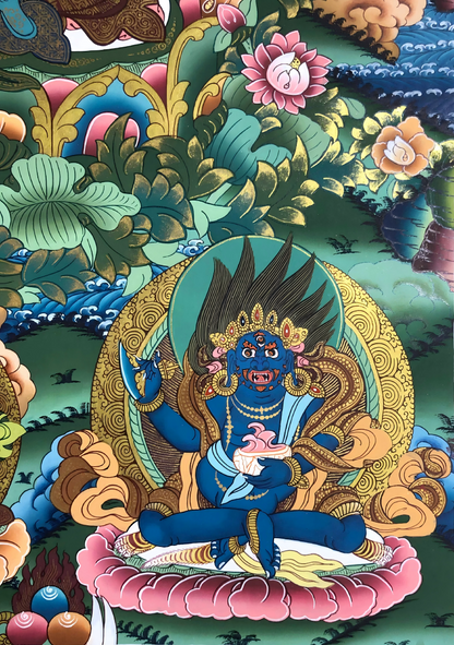 Blue Buddhist deity detail in the AURESTAR Green Tara thangka artwork.